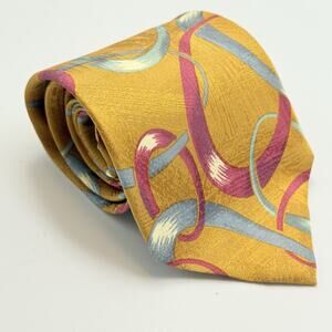 VTG Hugo Boss Mens Tie Yellow Gold Abstract Ribbon 56x3.75 Colorful Necktie Silk